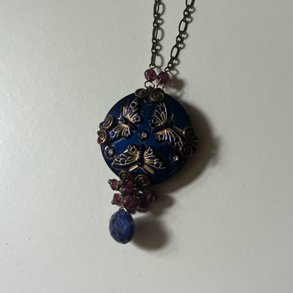 Vintage Czech Glads Butterfly Button Gemstone Necklace